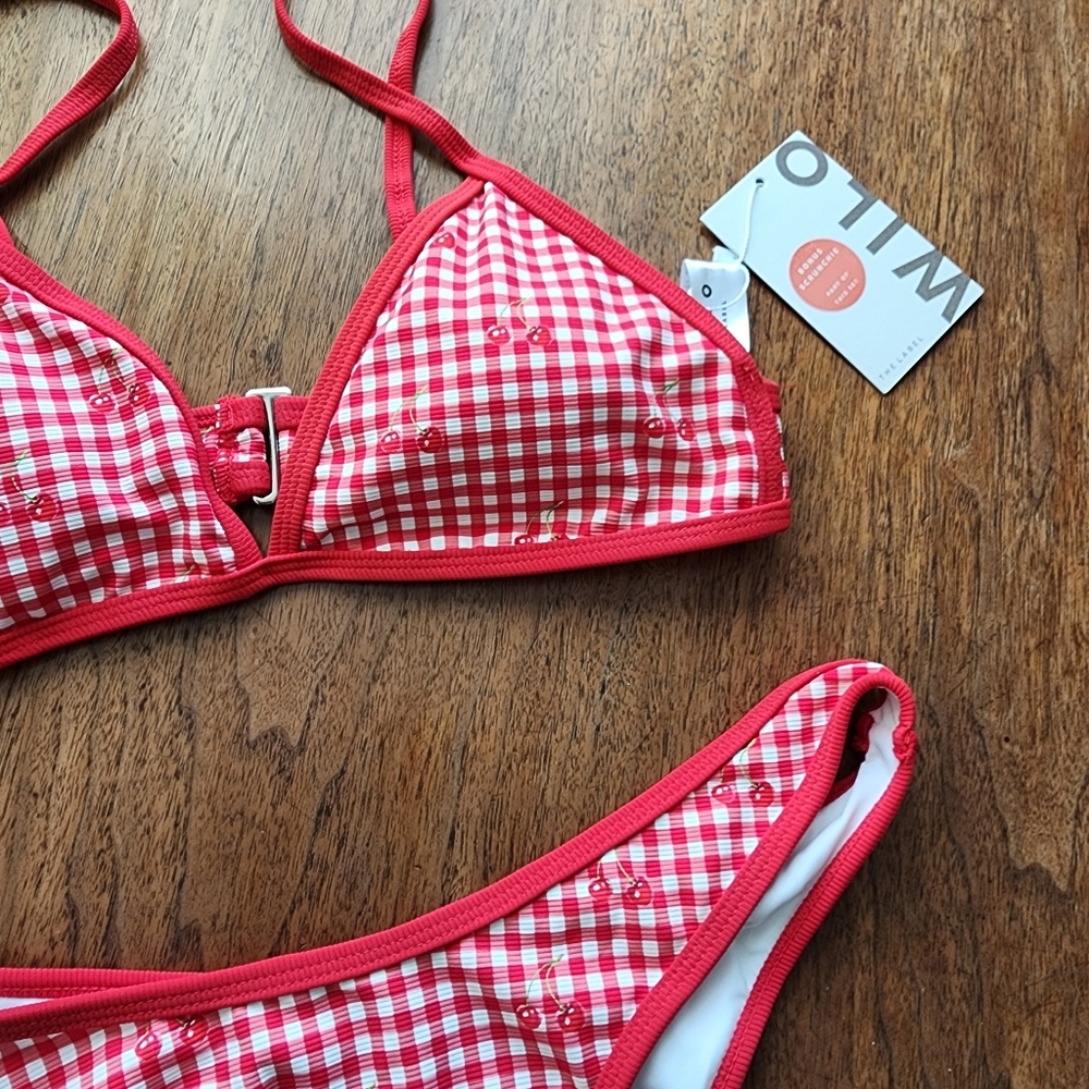 NWT WILO THE LABEL Red Gingham Cherry Bikini Swimsuit Top Bottom and Scrunchie